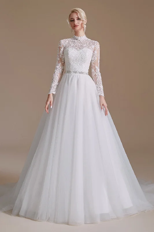 A-Line Lace Appliques Long Sleeve Tulle Chapel Train Wedding Dress Full Skirt Gown