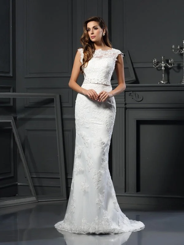 A-Line/Princess Bateau Lace Sleeveless Long Satin Wedding Dresses Romantic Lace Dress