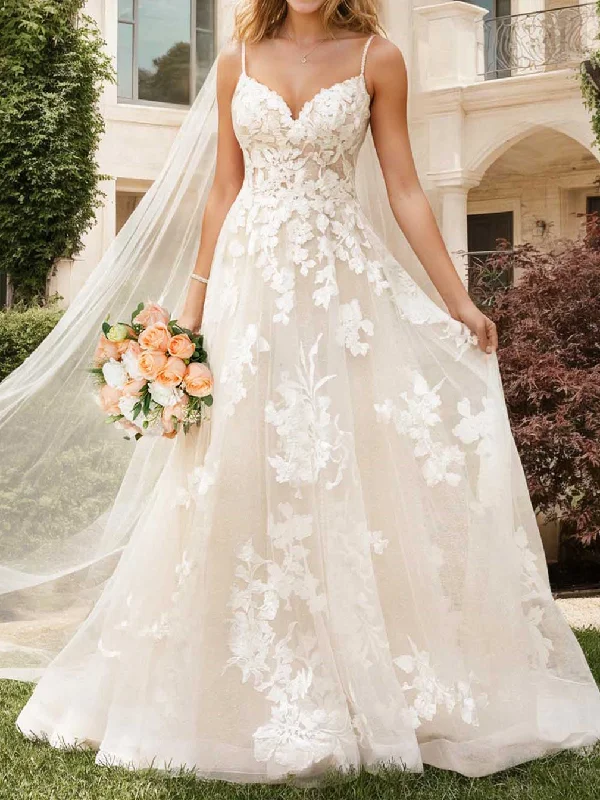 A-Line/Princess V-Neck Floor-length Wedding Dress White Lace Gown