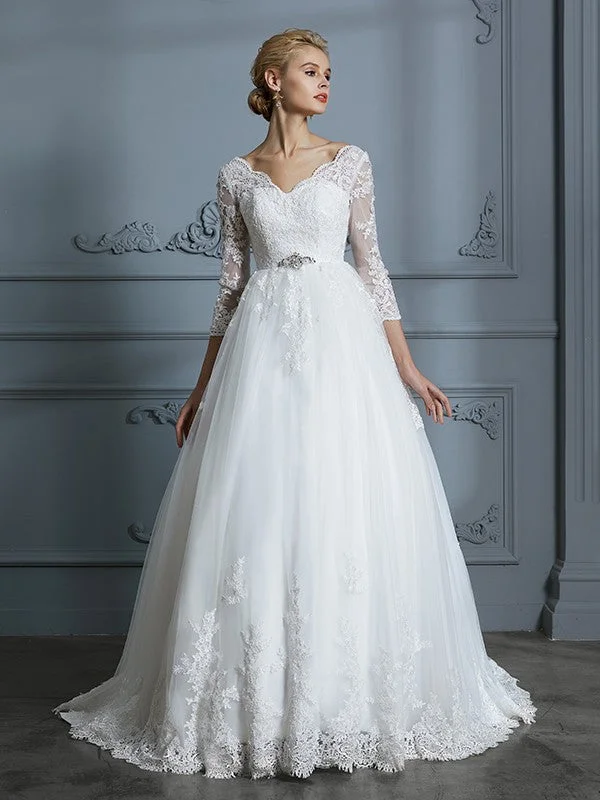 Ball Gown V-neck 3/4 Sleeves Court Train Lace Tulle Wedding Dresses Classic Satin Gown