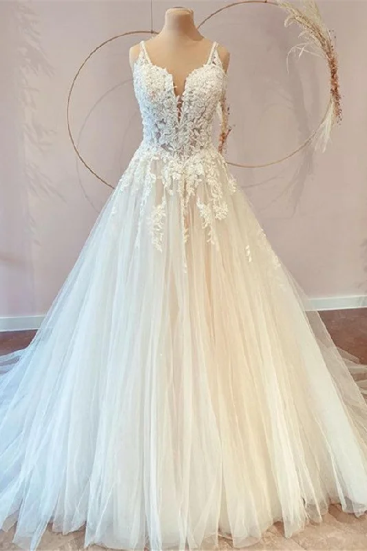 Classy Long Princess Sweetheart Tulle Appliques Lace Wedding Dresses Sleek Wedding Dress