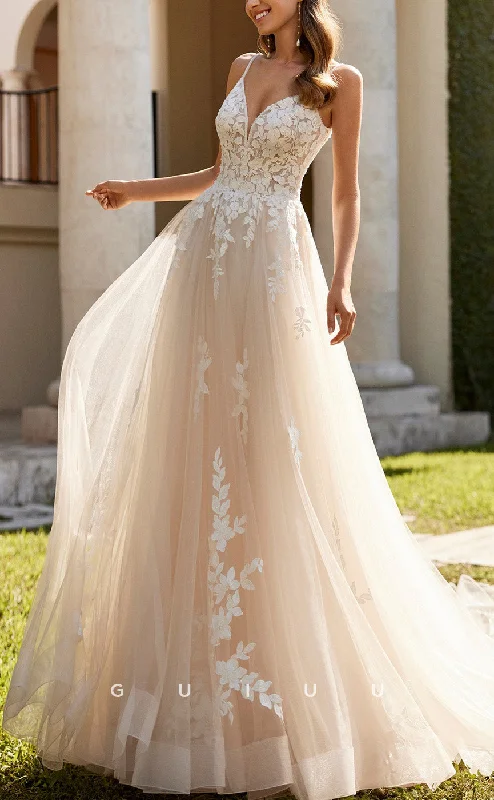 GW1034 -  A-Line Strapless Sleeveless Straps Open Back Appliques Boho Beach Wedding Dress Soft Wedding Gown