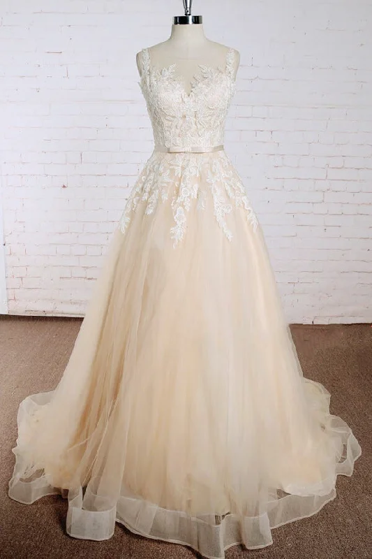 Elegant Long A-line Appliques Lace Tulle Wedding Dress Floral Wedding Gown