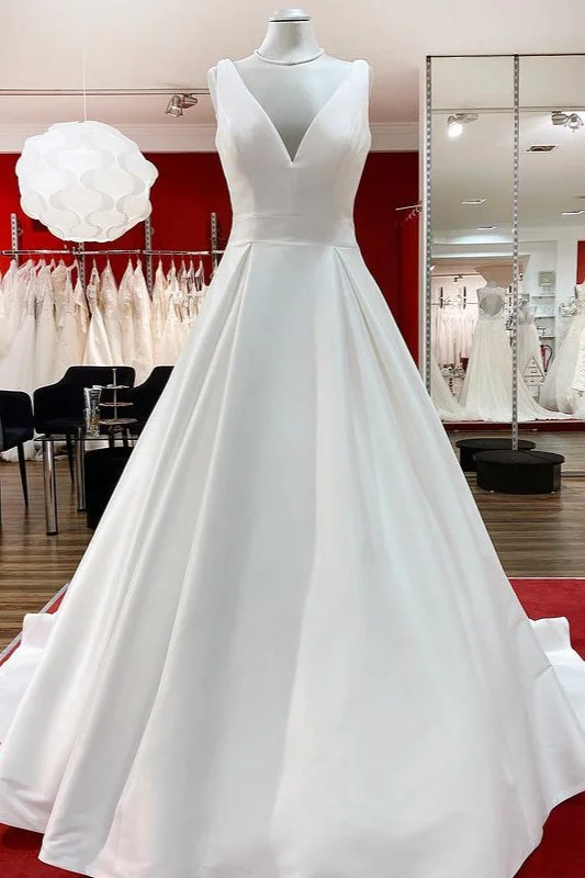 Elegant Long A-line V Neck Satin Ruffles Open Back Wedding Dresses Sexy Wedding Dress