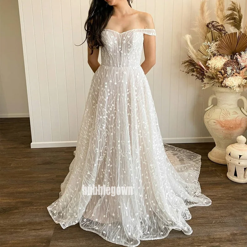 Elegant Off Shoulder Applique Tulle Long Wedding Dresses, BGH080 Satin Lace Gown