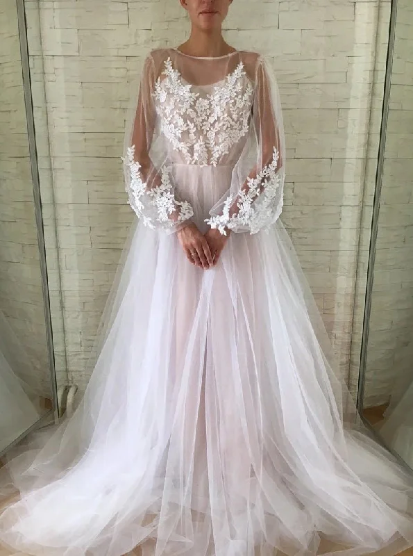 Gorgeous Long A-line Bateau Puff Sleeves Tulle Wedding Dress With Appliques Wedding Dress Set