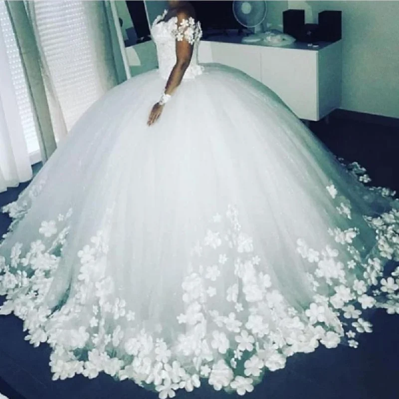 handmade flowers wedding ball gown 2021 vestido de noiva floral short sleeve elegant cheap wedding dresses Beaded Wedding Gown