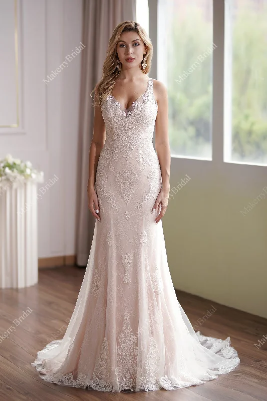 Luxurious Blush V-Neck Beaded Mermaid Bridal Gown Formal Wedding Dress