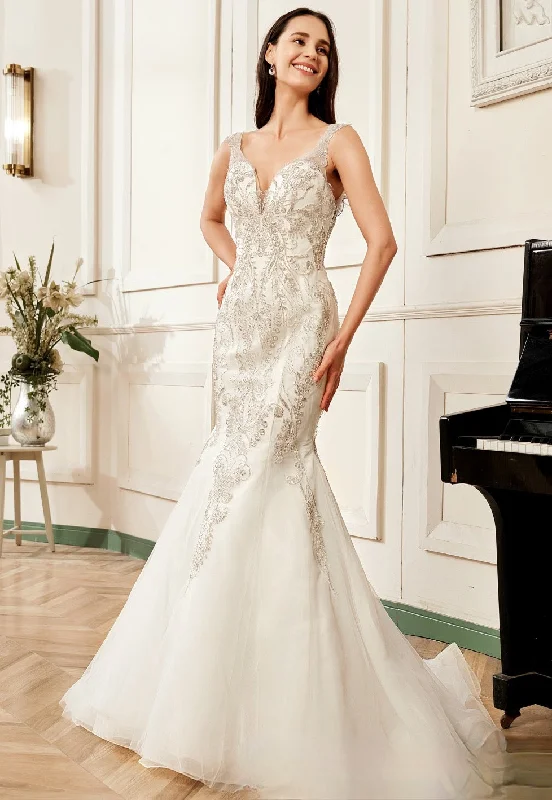 Mermaid Embroidered Heavy Beaded Wedding Dress Sexy Satin Gown