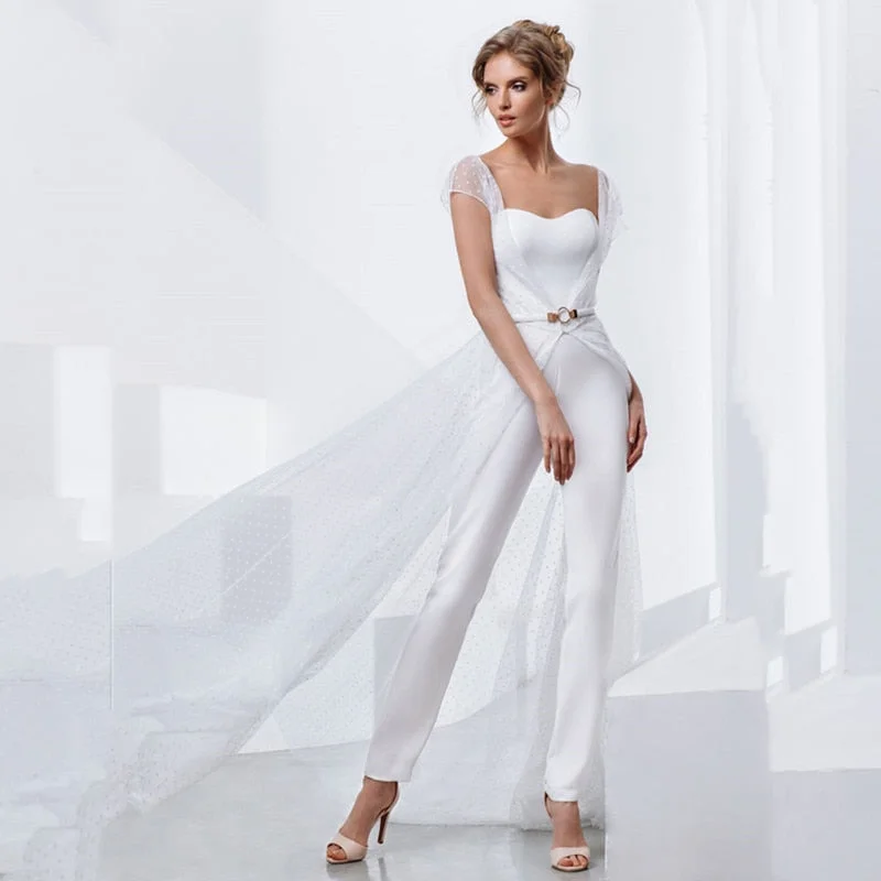 New Arrival Sweetheart Jumpsuit Sashes Sweep Train Long Wedding Dress Wedding Gown Set