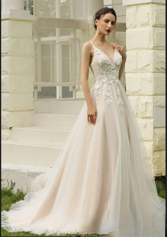 Princess Ballgown with Floral Lace Straps Silk Bridal Dress