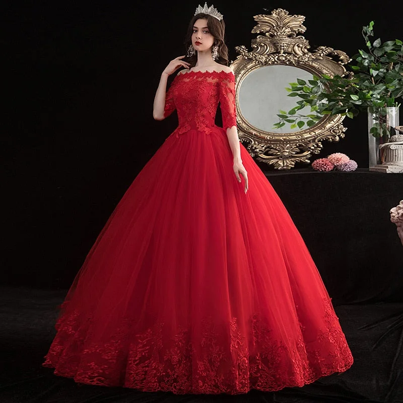 Red Wedding Dresses Elegant Boat Neck Vestido De Noiva Classic Lace Romantic Satin Dress