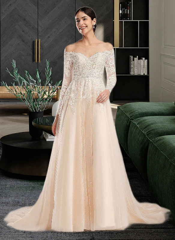 Samara Ball-Gown/Princess Illusion Chapel Train Wedding Dress With Sequins STIP0013798 Wedding Dress Long