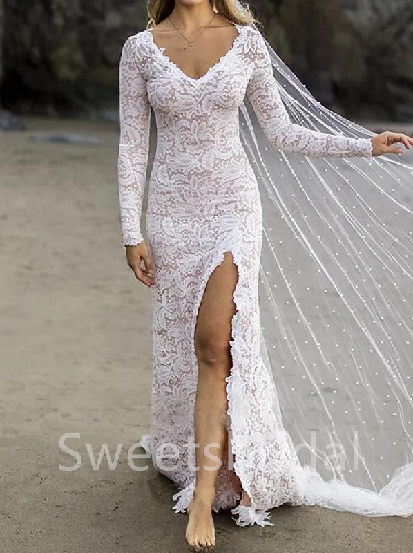 Sexy V-neck Long sleeves Side slit Mermaid Lace applique Wedding Dresses,DB0307 Ball Gown Wedding