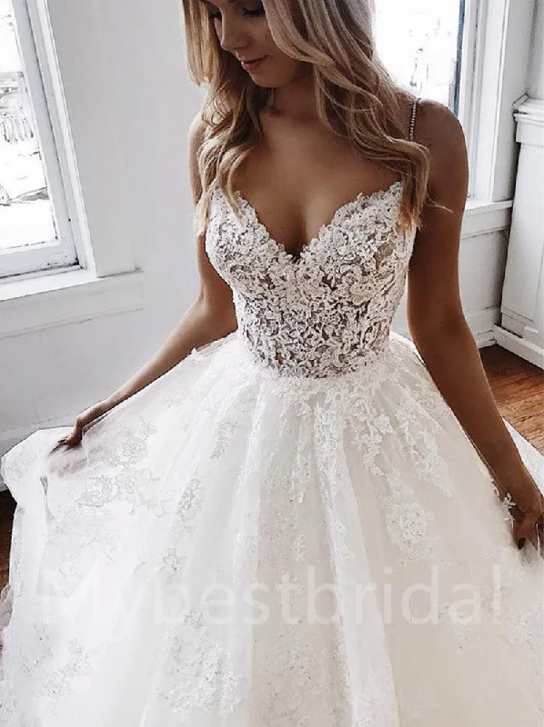 Sexy V-neck Spaghetti straps A-line Lace applique Wedding Dresses,WDY0313 Lace V-neck Dress