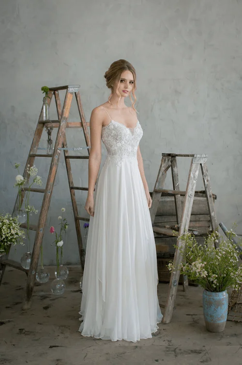 Silk Chiffon - Spaghetti Strap Hand-Beaded Sheath Wedding Dress, Ivory Short Wedding Gown