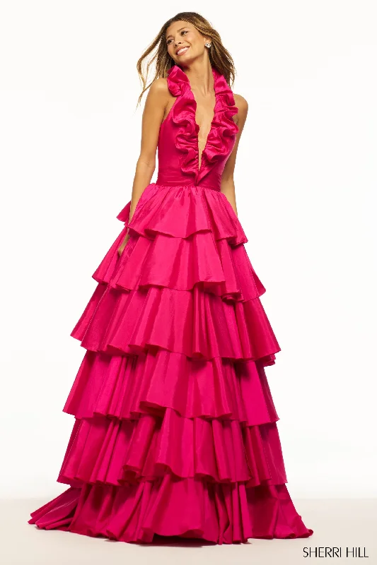 Sherri Hill 56013 Deep V-Neck Neckline Ball Gowns Taffeta Evening Gown Chic Wedding Gown