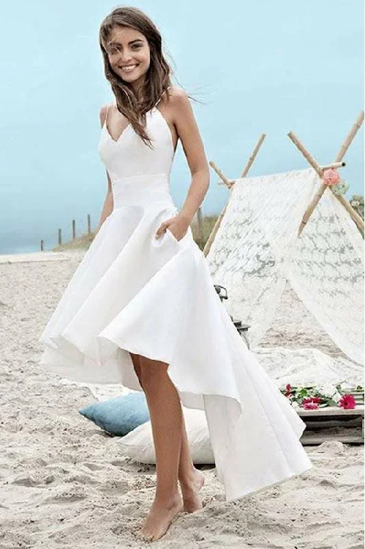 Simple Ivory Satin V-Neck Sleeveless Spaghetti Straps High Low Beach Wedding Dresses With Pockets