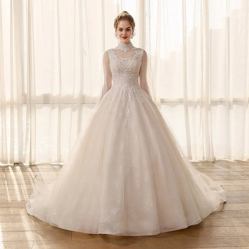 Tulle High Neckline Wedding Dresses with Long Sleeves and Lace Applique Beaded Bridal Gown