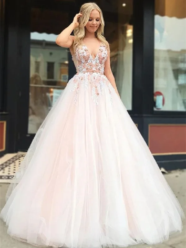 V Neck Light Pink Tulle Lace Applique Long Prom Dresses, Light Pink Tulle Lace Applique Long Formal Evening Dresses Floral Lace Wedding