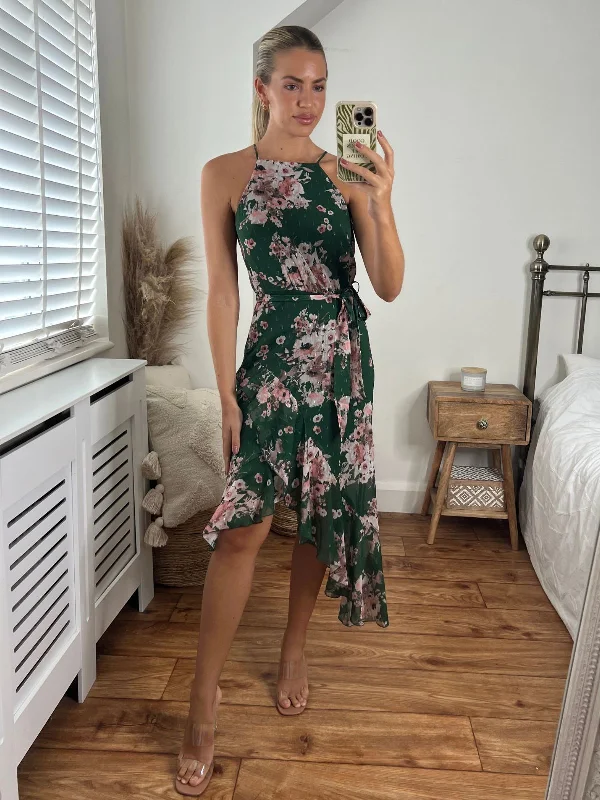 Ariana Halter Frill Dress / Chiffon Green Floral Best midi dresses for formal events