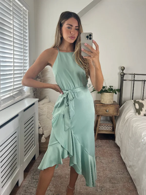 Ariana Halter Frill Dress / Sage Luxury midi dresses