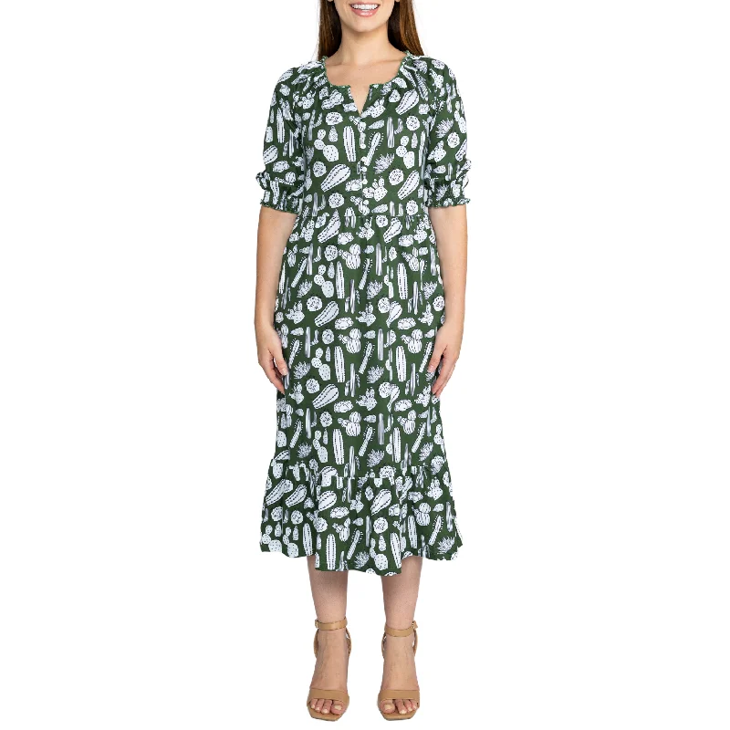 Cactus Plants Elastic Puff-Sleeved Tiered Midi Dress Budget-friendly midi dresses