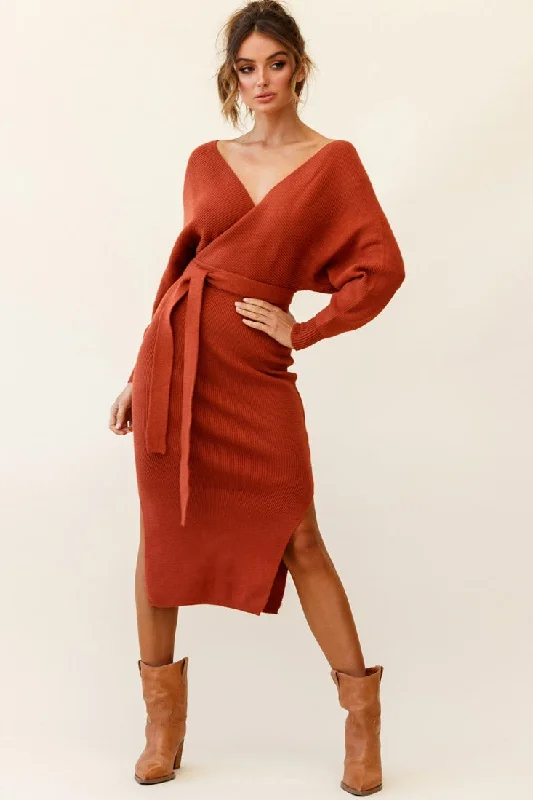 Cameo Batwing Knit Midi Dress Camel Satin midi dresses