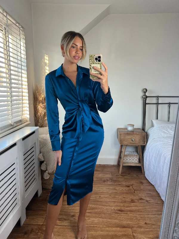 Cassie Tie Front Midi Dress / Peacock Blue Wedding guest midi dresses