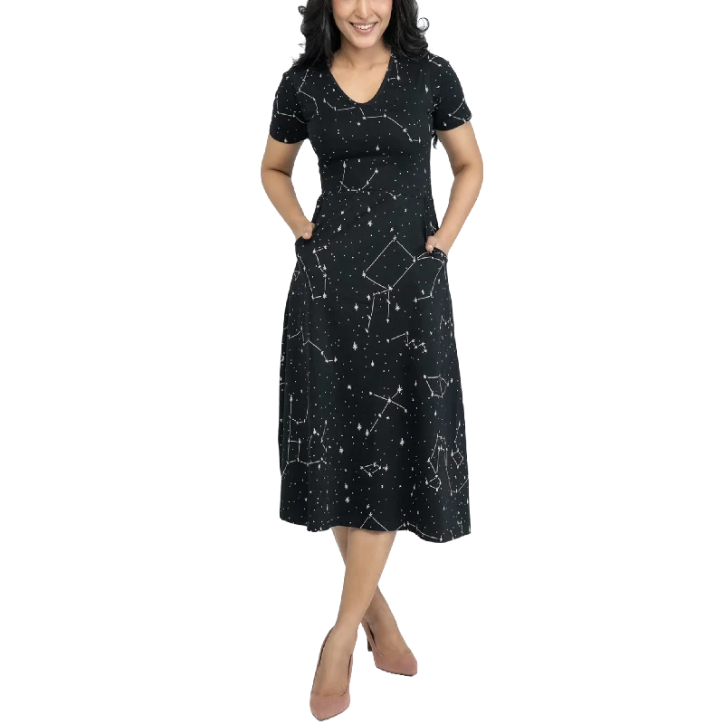 Constellations Glow-in-the-dark Short Sleeve Long Midi Dress (With Waist Seam) Strapless midi dresses