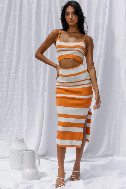 Dayana Cut-Out Waist Side Split Knit Midi Dress Striped Orange Graduation midi dresses