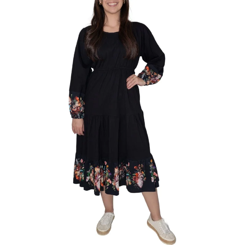 Floral Hearts Long Sleeve Midi Dress (With Waist Seam) High-end midi dresses