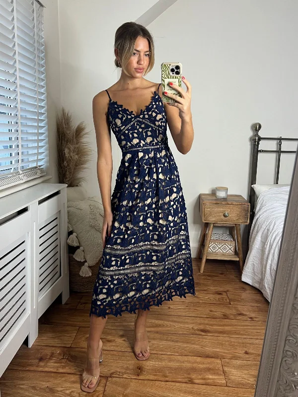 Harmony Lace Strappy Midi Dress / Navy Stretchy midi dresses