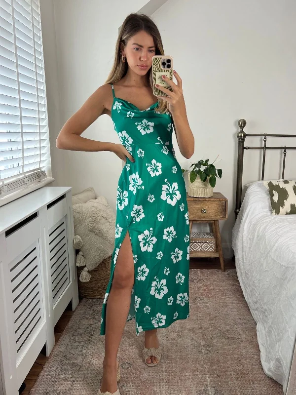 Havana Cowl Neck Slip Dress / Green Hibiscus Best midi dresses for plus size