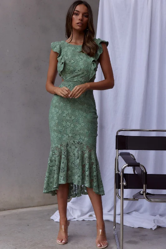 Jackie Pinafore Floral Lace Dress Avocado Elegant midi dresses