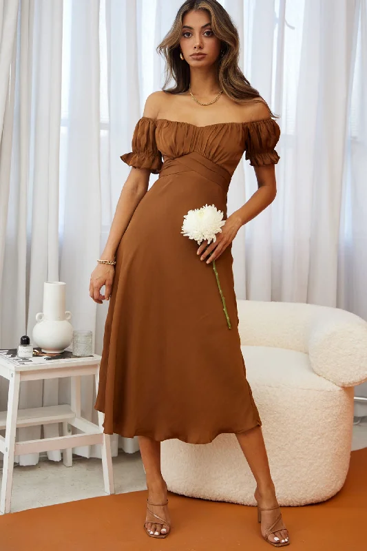 Linka Off-Shoulder Tie Back Midi Dress Chocolate Date night midi dresses