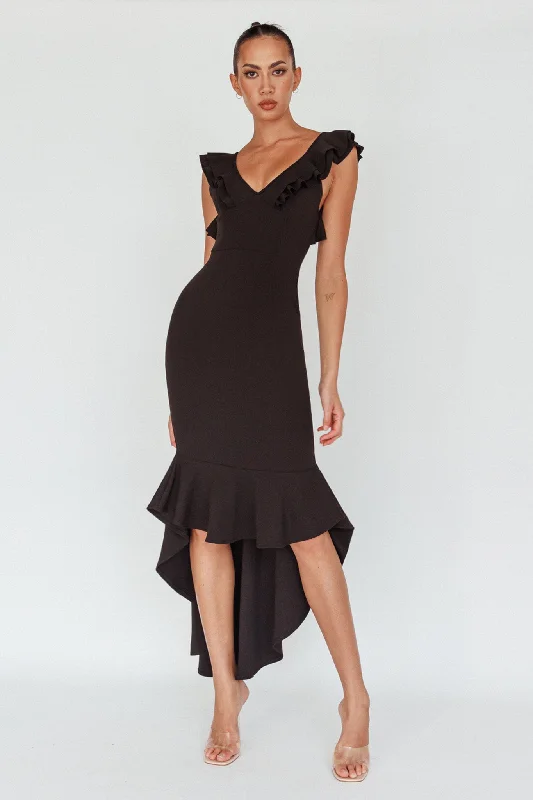 Pearl Ruffle Strap High-Low Hem Dress Black Birthday midi dresses