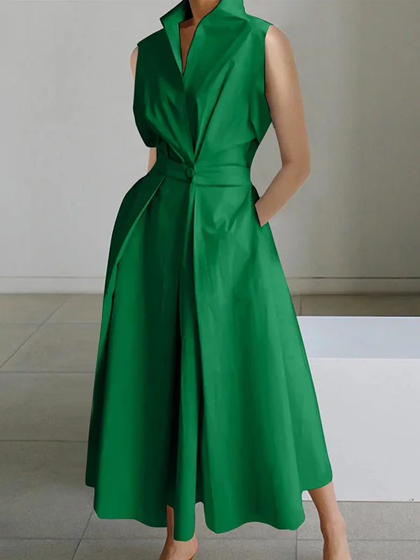 Sleeveless Solid Color Trendy Lapel Midi Dresses