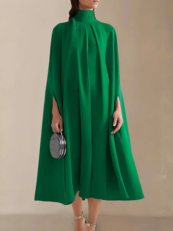 Simple Batwing Sleeves Lace-Up Modern Solid Color High-Neck Midi Dresses