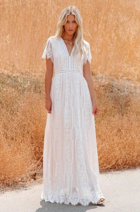 Fashion Women Deep V-neck Lace Hollow Out Bohemian Maxi Dress New Year's Eve maxi dresses