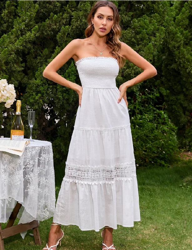 New Elegant Strapless Ruffle White Summer Dress Women Hollow Out Lace Cotton Maxi Dresses Knitted maxi dresses