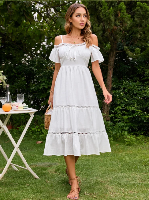 Sexy Cotton White Cold Shoulder Dress Holiday Vacation Beach Sundress Elegant Ruffle Lace Up Long Dress Velvet maxi dresses