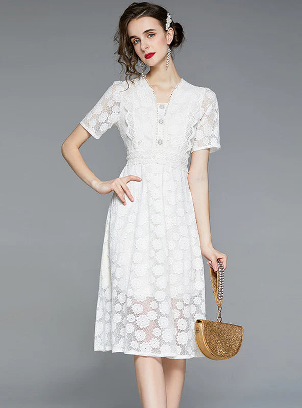 V NECK LACE SHORT SLEEVE LONG DRESS Cotton maxi dresses