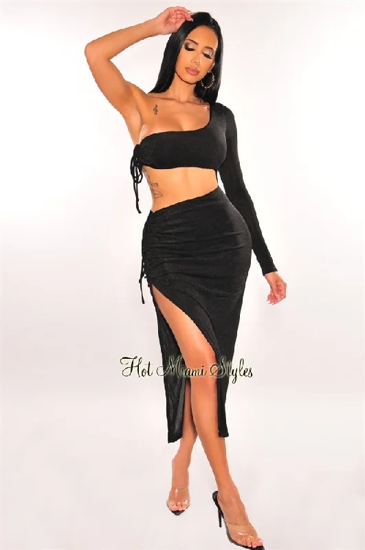 Black One Sleeve Cut Out Ruched Slit Maxi Dress Casual maxi dresses