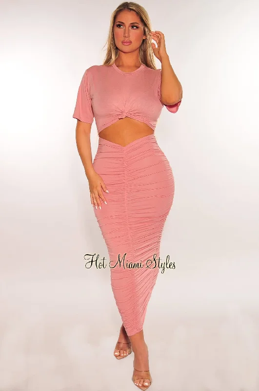 Blush Short Sleeve Cut Out Ruched Maxi Dress Hot new arrivals in maxi dresses