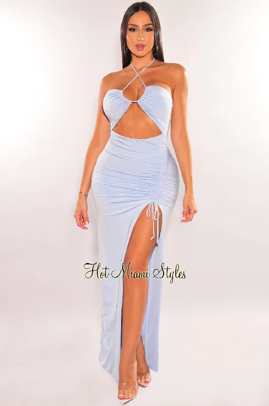 Iced Blue Halter Cut Out Ruched Slit Maxi Dress Summer maxi dresses