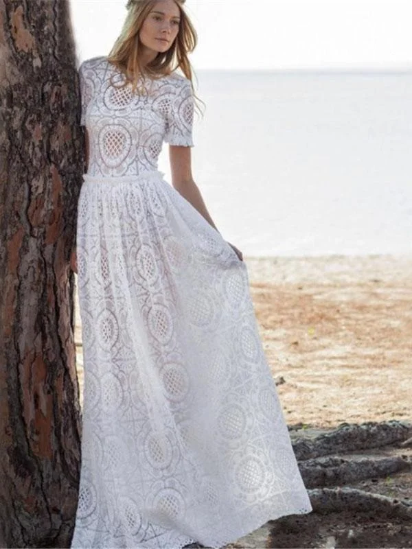 Lace Classical Solid Color White Hollow Maxi Dress