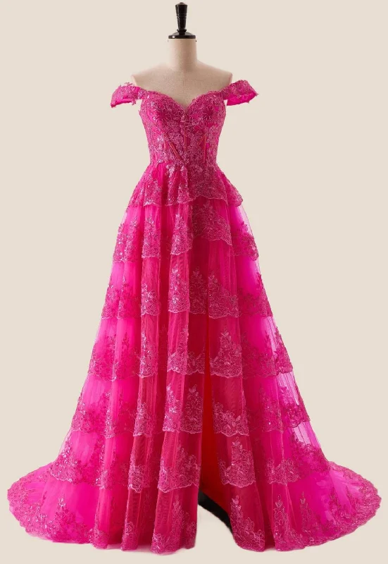 Off the Shoulder Hot Pink Appliques Ruffles Long Dress Best value maxi dresses