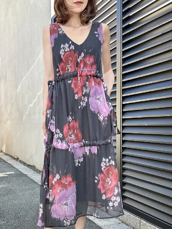 Last Chance! Purple Floral Side Adjusted Tiers Cinched Panel Maxi-Dress Cute floral print maxi dresses