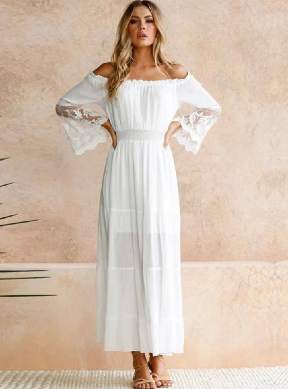 Sexy Off Shoulder Lace Boho Cotton Maxi Dress Tiered maxi dresses